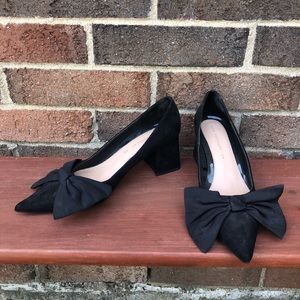 Zara black suede low block heels with bow